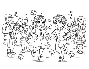 Naklejka premium The History of St. Patrick’s Day coloring pages for kids featuring Irish traditions and festive March celebration scenes. Black and white line art picture story pages perfect for classroom activities,