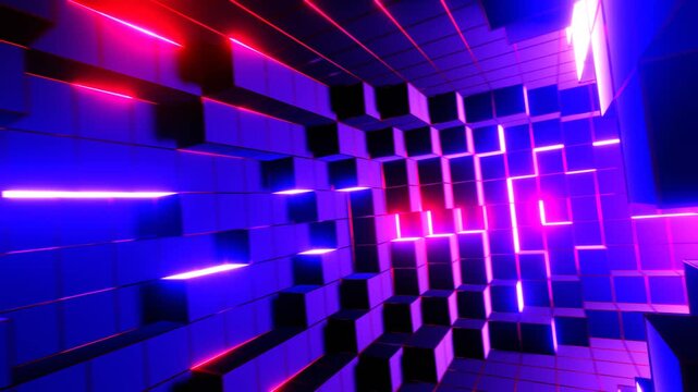3D animation of endless flight through futuristic neon corridor. Seamless hyperspace tunnel loop for VR experiences, sci-fi films, tech presentations, gaming backgrounds, music festival visuals. 4K