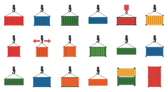 Colorful shipping containers suspended by cranes in a grid arrangement, industrial logistics and global trade concept, vibrant cargo boxes hanging in geometric pattern at port terminal