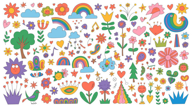 A vibrant collection of colorful cartoon illustrations depicts whimsical flowers trees rainbows hearts and cheerful suns on a white background high quality professional detailed modern elegant
