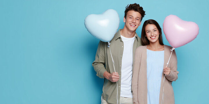 A couple happily holding heart-shaped balloons, symbolizing love and joy. They are smiling brightly, creating a sense of togetherness and affection