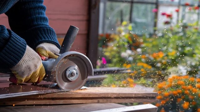 A man cutting metal. Gloved hands using angle grinder cutting metal with sparks outdoors. Metalworking on workbench. Power tool in action.  Workshop safety concept. Industry and repair.
 Description