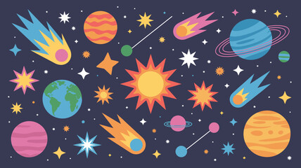 A vibrant illustration depicts a whimsical space scene with colorful planets comets stars and a radiant sun against a dark blue background high quality professional detailed © MdRafiqul