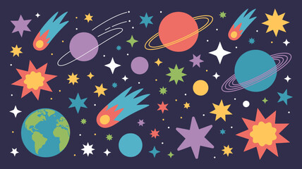 A colorful whimsical illustration depicts a playful scene of planets stars comets and celestial bodies against a dark navy background high quality professional detailed modern elegant © MdRafiqul