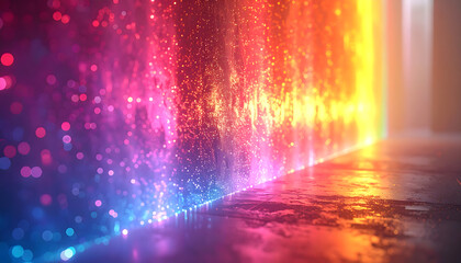 白壁に広がる虹色の光粒子グラデーション