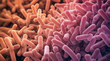 Close up lactobacillus bacteria under microscope, probiotic microbial culture background, beneficial gut microbiome concept, detailed cellular structure in laboratory science research and biotechnolog