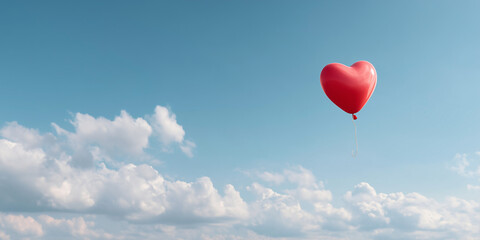 Obraz premium A red heart-shaped balloon floating gracefully against a serene sky with fluffy clouds. Capturing the essence of love and freedom.