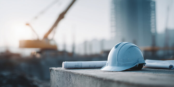 Construction site with a safety helmet, blueprints, and equipment in the background, symbolizing construction, engineering, and development.