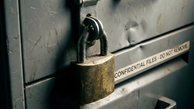 An antique rusty iron padlock and key provide secure protection on an old blue metal gate closed with a steel chain