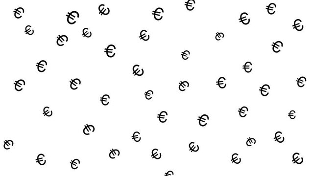 Black euro symbol pattern animation on a white background. The symbols gently rotate and subtly scale in and out randomly at intervals, representing value, finance, currency, and EU economy.