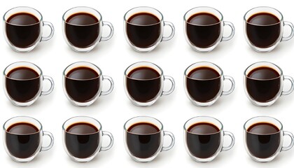 A group of translucent black coffee cups with clipping paths separated on a white background