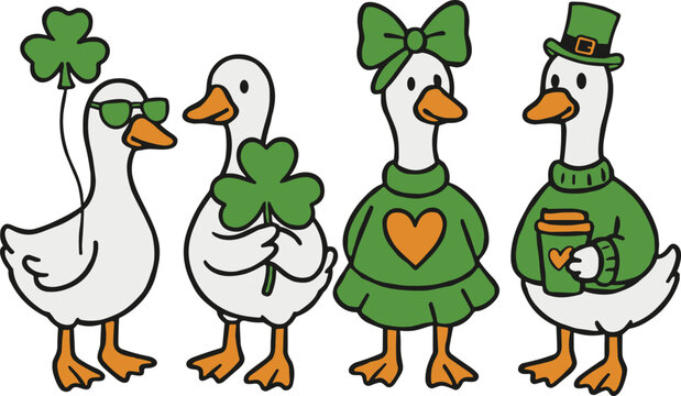 St. Patrick's Day Cute White Ducks Collection, Lucky Shamrock Clover and Leprechaun Hat Outfits, Flat Vector Illustration Set