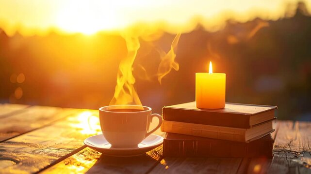 Steaming cup of tea beside a stack of books and a glowing candle on wooden table at golden sunset, evoking calm mindfulness, relaxation, and peaceful self-care moments in warm evening light