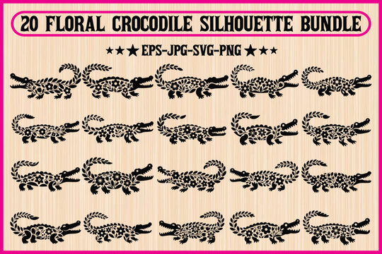 Collection of twenty floral crocodile silhouette designs for various uses Vector