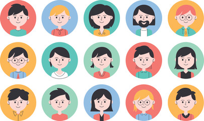 Fototapeta premium Diverse cartoon avatar icon collection design, colorful smiling people profile pack, flat vector illustration set, isolated background concept