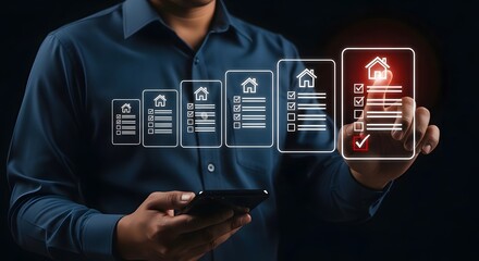 Real estate digital management interface showing property listing growth and house selection icons being touched by male professional person