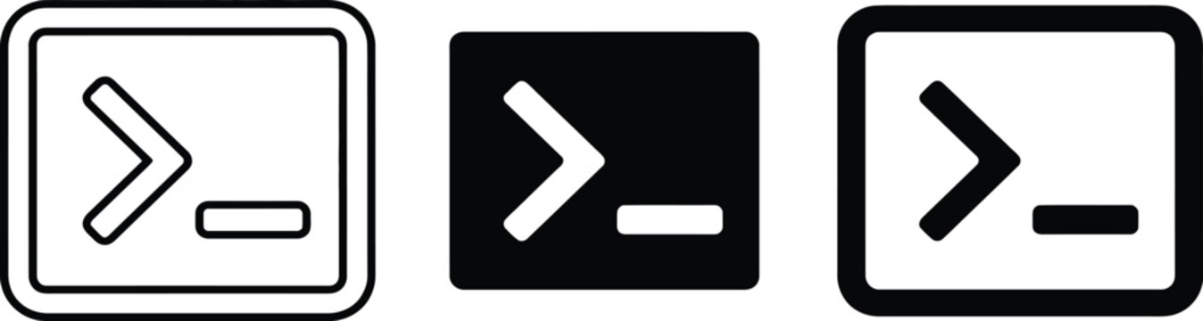 Command prompt icons in outline, solid, and framed styles on transparent background vector