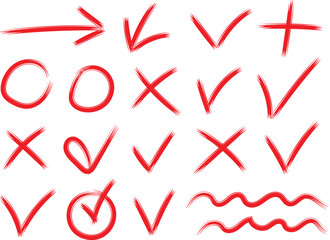 Collection of hand drawn red correction symbols for marking up documents