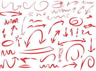 Collection of hand drawn red sketchy arrows and doodle pointing elements