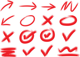 Collection of hand drawn red markers indicating confirmation correction and directional signs