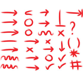 Collection of hand drawn red marker symbols for highlighting important annotations