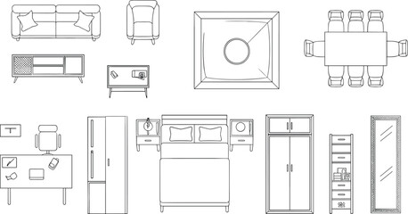 Furniture top view outline collection set, living bedroom dining office layout pack, architectural vector illustration isolated background design