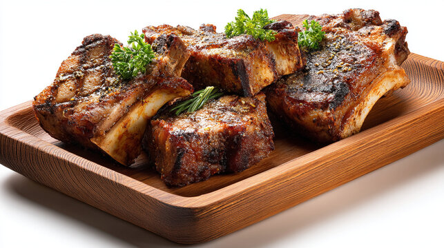 A wooden plate of grilled pork chops garnished with herbs