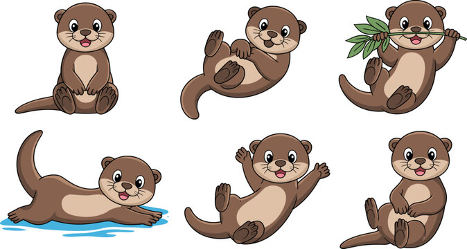 Cute baby otter cartoon character set with various poses and expressions for aquatic wildlife nature design and children educational sticker projects.