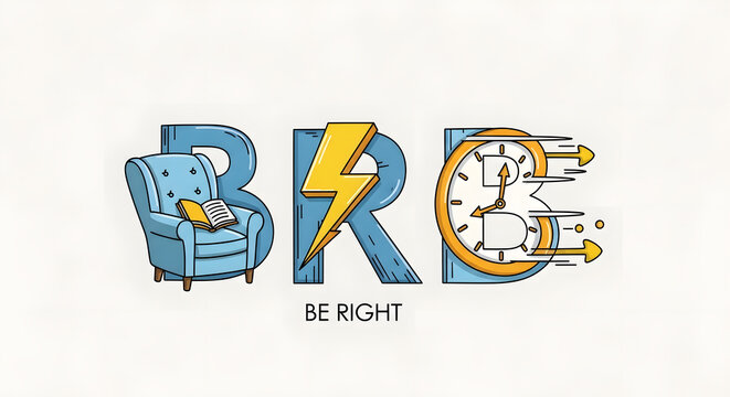 Stylized letters BRB with creative elements like a chair a book a lightning bolt and a clock