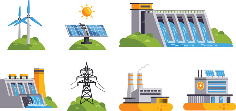 Renewable and traditional energy generation set, solar wind hydro power stations pack, flat vector illustration isolated background design