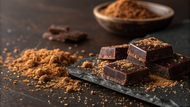 Chocolate treats with cinnamon spice on a dark background
