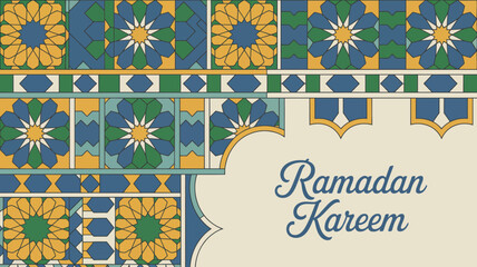 An ornate islamic pattern in shades of blue green and gold features a ramadan kareem greeting in elegant calligraphy high quality professional detailed modern stylish clean © Digishopppp