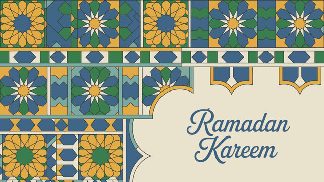 An ornate islamic pattern in shades of blue green and gold features a ramadan kareem greeting in elegant calligraphy high quality professional detailed modern stylish clean