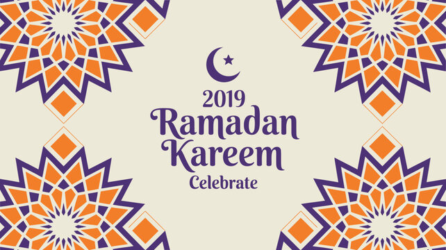 An ornate ramadan kareem greeting features a geometric pattern with orange and purple hues centered around a crescent moon and star high quality professional detailed modern