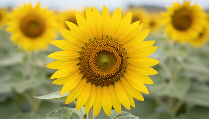 Fototapeta premium Golden Sunflower Close-up with Dew Drops in Vibrant Summer Field