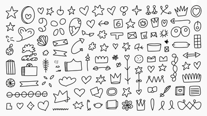 A collection of hand drawn doodle elements including stars hearts crowns arrows and various abstract shapes in black and white high quality professional detailed modern elegant