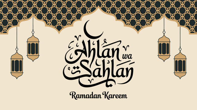 An ornate ramadan kareem greeting features arabic calligraphy a crescent moon and hanging lanterns against a detailed dark background high quality professional modern elegant stylish clean