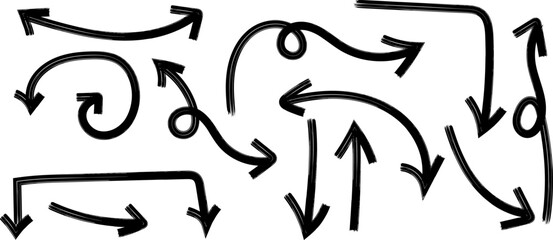 Fototapeta premium A collection of hand drawn black arrows in various shapes and directions including curves loops and straight lines on a white background