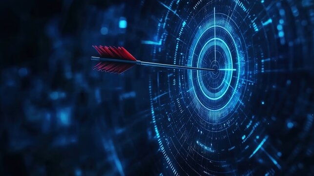Arrow hitting archery target bullseye symbolizing precision success in business strategy marketing AI technology, dark blue data analysis digital background, futuristic sharp high resolution tech desi