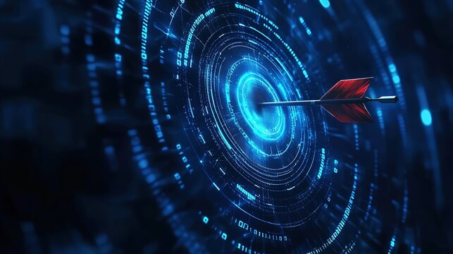 Arrow hitting archery target bullseye symbolizing precision success in business strategy marketing AI technology, dark blue data analysis digital background, futuristic sharp high resolution tech desi