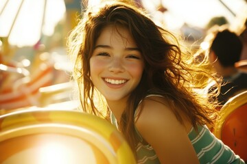 Joyful young woman smiling at an amusement park
