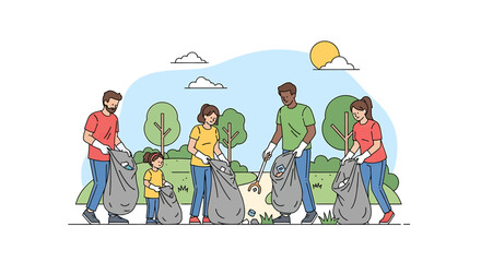 Fototapeta premium A diverse group of people, including a child, cleaning up litter in a park, promoting environmental protection and community service.