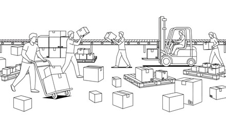 Obraz premium A black and white line art illustration showing a busy warehouse with workers, a forklift, and conveyor belts handling numerous boxes and packages.