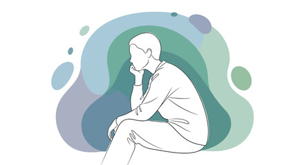Obraz premium Line drawing of a thoughtful person sitting with hand on chin, against a background of abstract blue and green shapes.