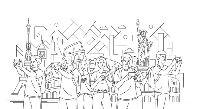 Group of tourists taking photos with smartphones in front of famous world landmarks in a line art illustration.