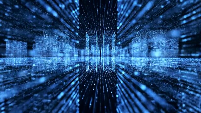 Futuristic digital tunnel with blue binary code and data streams.