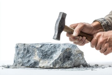 Worker Sculpting Stone with Hammer Isolated