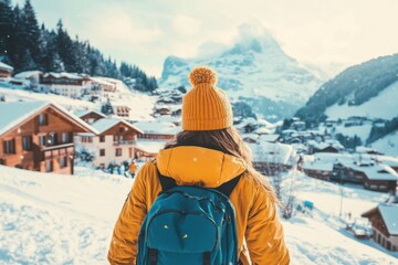 Woman with Backpack Enjoys Snowy Mountain Village View