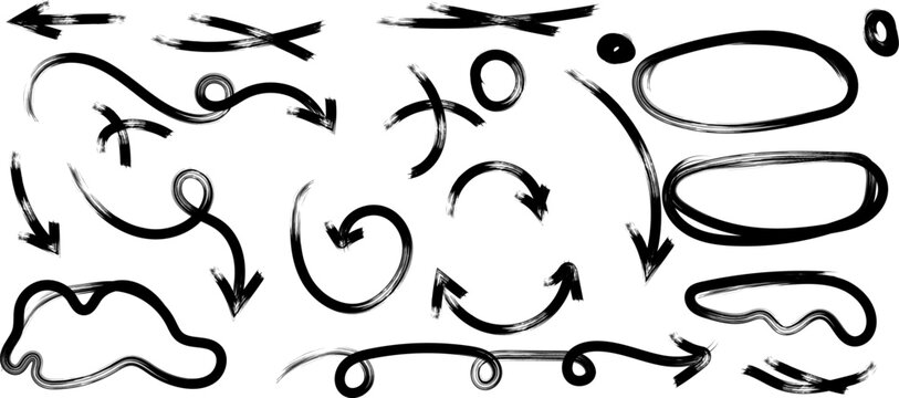 A collection of various black hand drawn arrow and curved line shapes are scattered across a plain white background high quality professional detailed