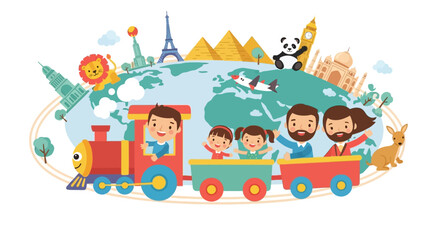 Obraz premium Illustration of a happy family with kids on a train traveling around the globe on a tourism resilience day with a map and landmarks.